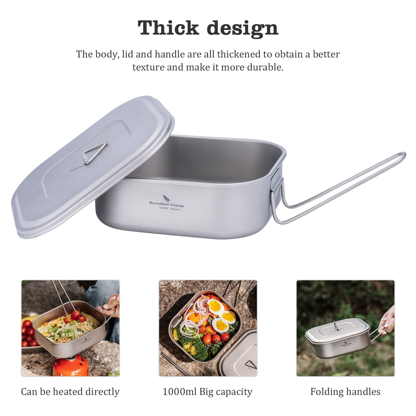 Boundless Voyage Outdoor Titanium Military Mess Tin with Lid & Folding Handle – 1000ml | Ultralight Camping Bushcraft Cookware, Lunch Box, Bowl & Pan