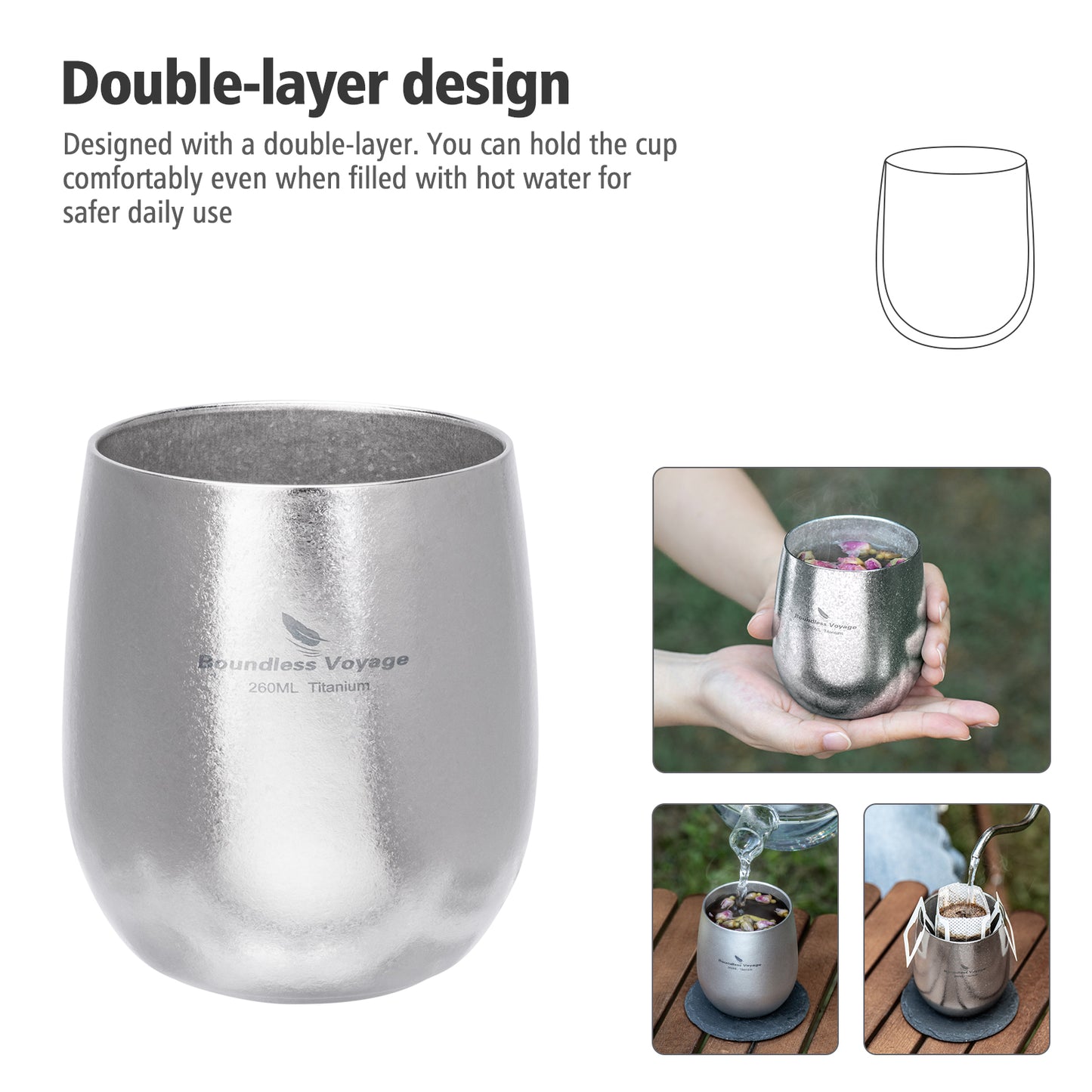 Boundless Voyage Titanium Double-Wall Cup – Ultralight TA1 Camping Coffee Mug for Travel, Hiking & Outdoor Use