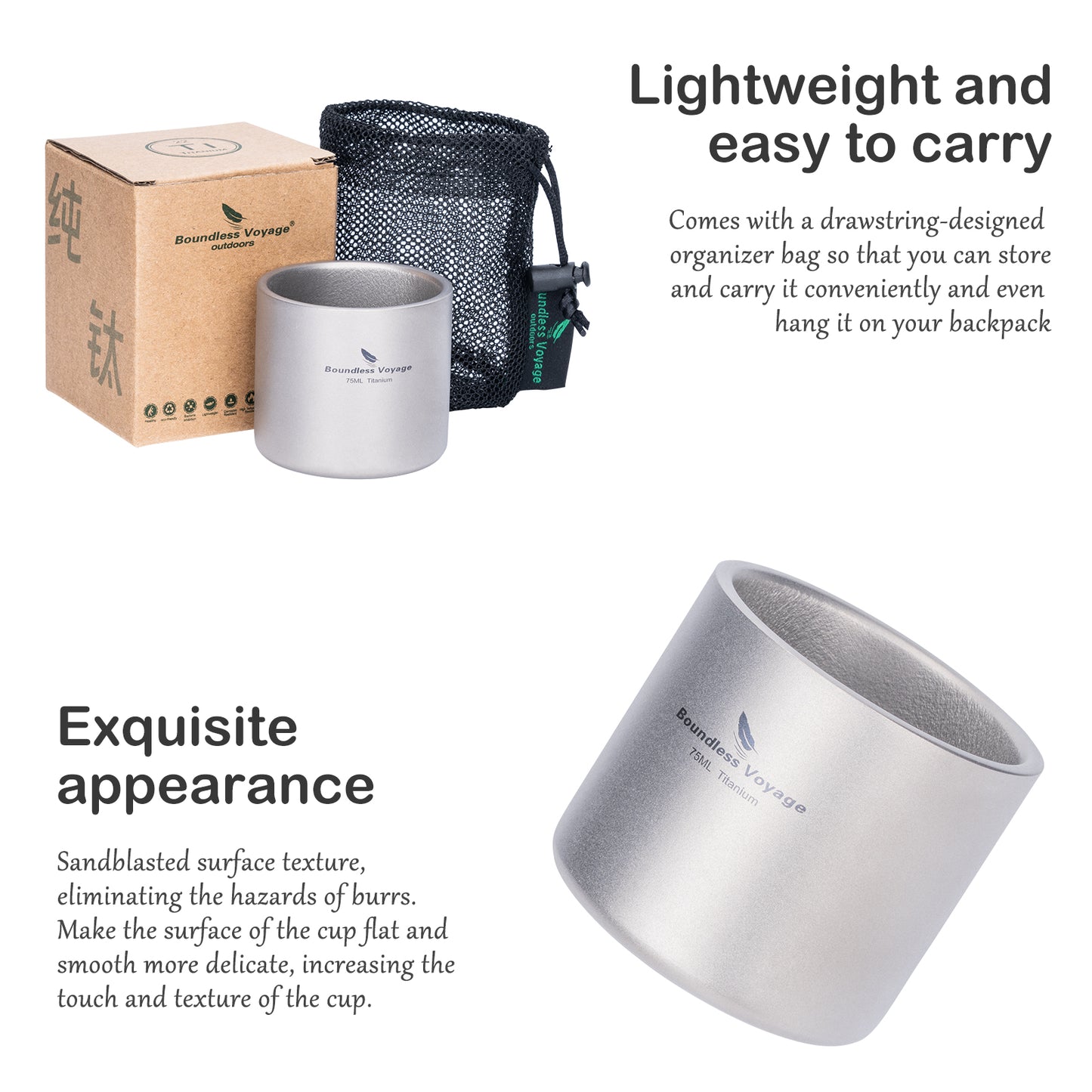 Boundless Voyage Titanium Double-wall Mug Cup Backpacking Portable Camping Cup 75ml Lightweight Heat Resistant Coffee Mug Tea Cup with Storage Bag for Hiking Picnic Travel or Daily Use