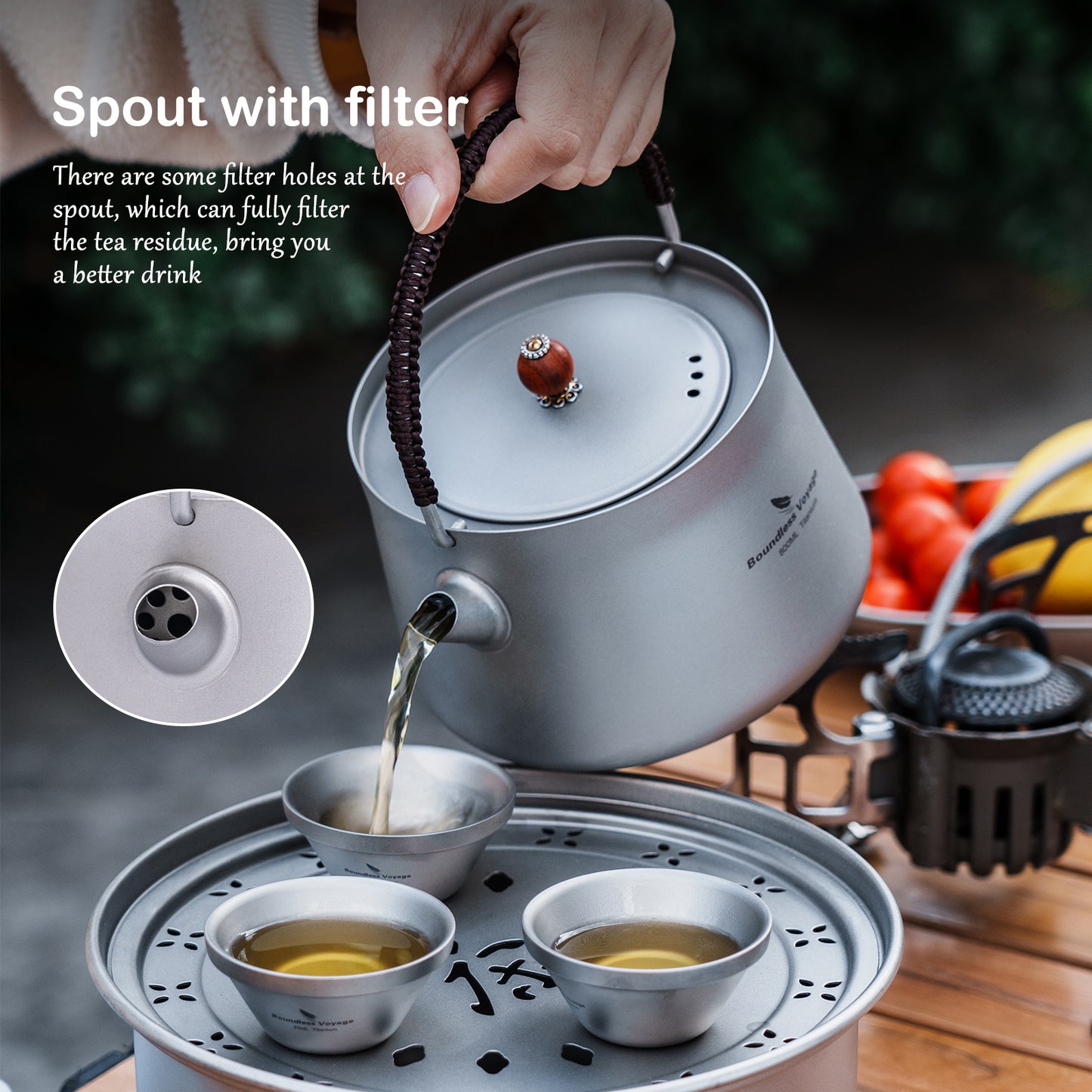 Boundless Voyage 800ml Titanium Camping Kettle with Filter – Ultralight TA1 Teapot & Coffee Pot with Folding Handle for Hiking, Backpacking & Outdoor Brewing