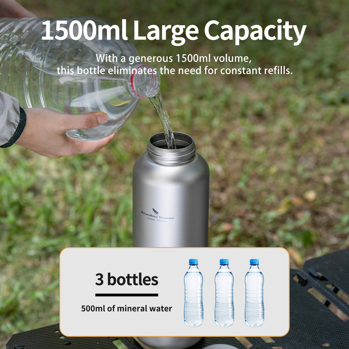 Boundless Voyage 1500ml Titanium Water Bottle – Lightweight Leak-Proof 1.5L Bottle with 2 Lids for Camping, Hiking, Travel & Gym