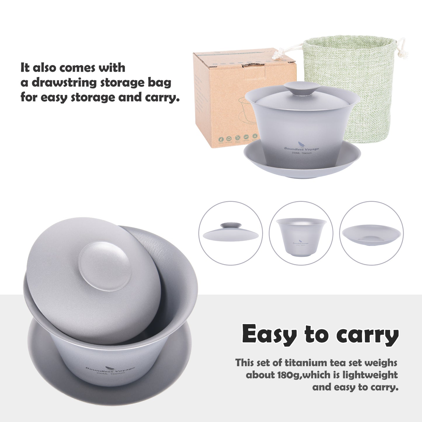 Boundless Voyage Titanium Gaiwan Kung Fu Tea Cup and Saucer with Lid Chinese Traditional Gaiwan Double Walled Durable Tea Bowl Teacup with Cover Lightweight Tea Set Outdoor Camping Portable Tureen