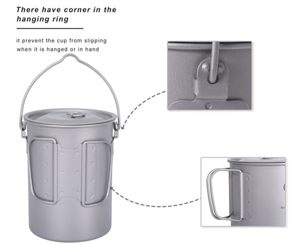 Boundless Voyage Titanium 900ml Camping Mug Pot – Ultralight Hanging Cup with Folding Handle for Hiking, Backpacking, Outdoor Cooking