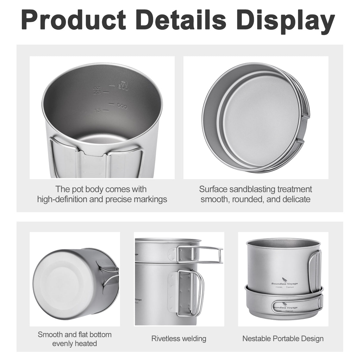 Boundless Voyage Titanium Pot & Pan Set with Folding Handles – Ultralight Camping Cookware Mess Kit for Hiking, Picnic & Outdoor Tableware