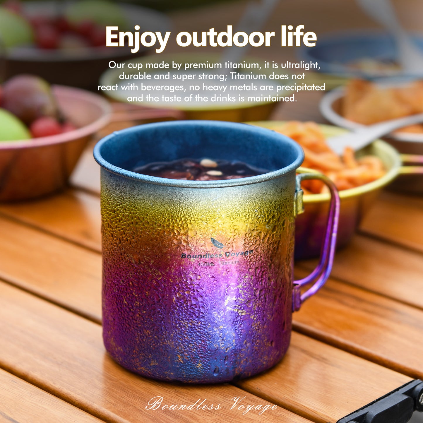 Boundless Voyage 450ml Titanium Colorful Camping Mug – Ultralight Foldable-Handle Cup for Water, Coffee & Tea Outdoors