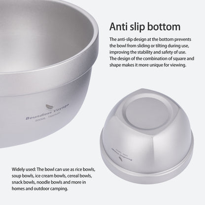 Boundless Voyage 500ml Double Walled Titanium Bowl Oatmeal Food Rice Soup Bowl Ultralight Portable Tableware Outdoor Camping Metal Bowl
