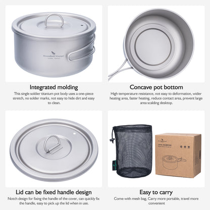 Boundless Voyage 1000ml Titanium Pot with Lid Outdoor Camping Individual Soldier Pot Single Layer Lunch Box with Folding Handle Portable Backpacking Cup