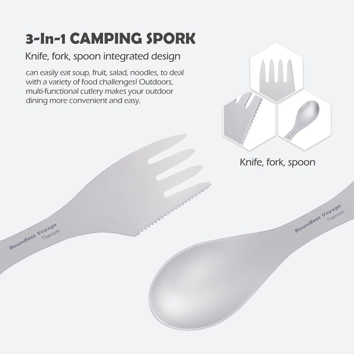 Boundless Voyage Titanium Spoon & Fork – Ultralight Spork-Style Camping Cutlery for Outdoor, Home & Kitchen Use