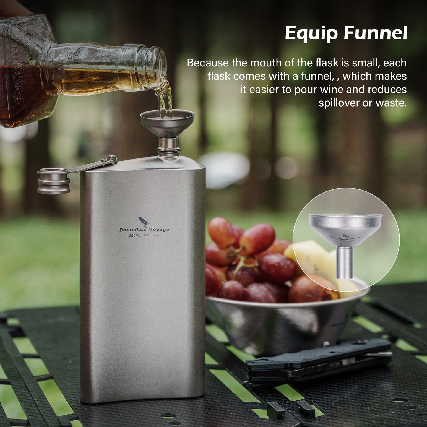 Boundless Voyage 250ml Titanium Hip Flask | Ultralight 8.5oz Pocket Whiskey Bottle | Leakproof & Non-Metallic Taste Liquor Flask for Camping, Hiking, EDC & Travel& Non-Metallic Taste Liquor Flask for Camping, Hiking & Travel Gift Set