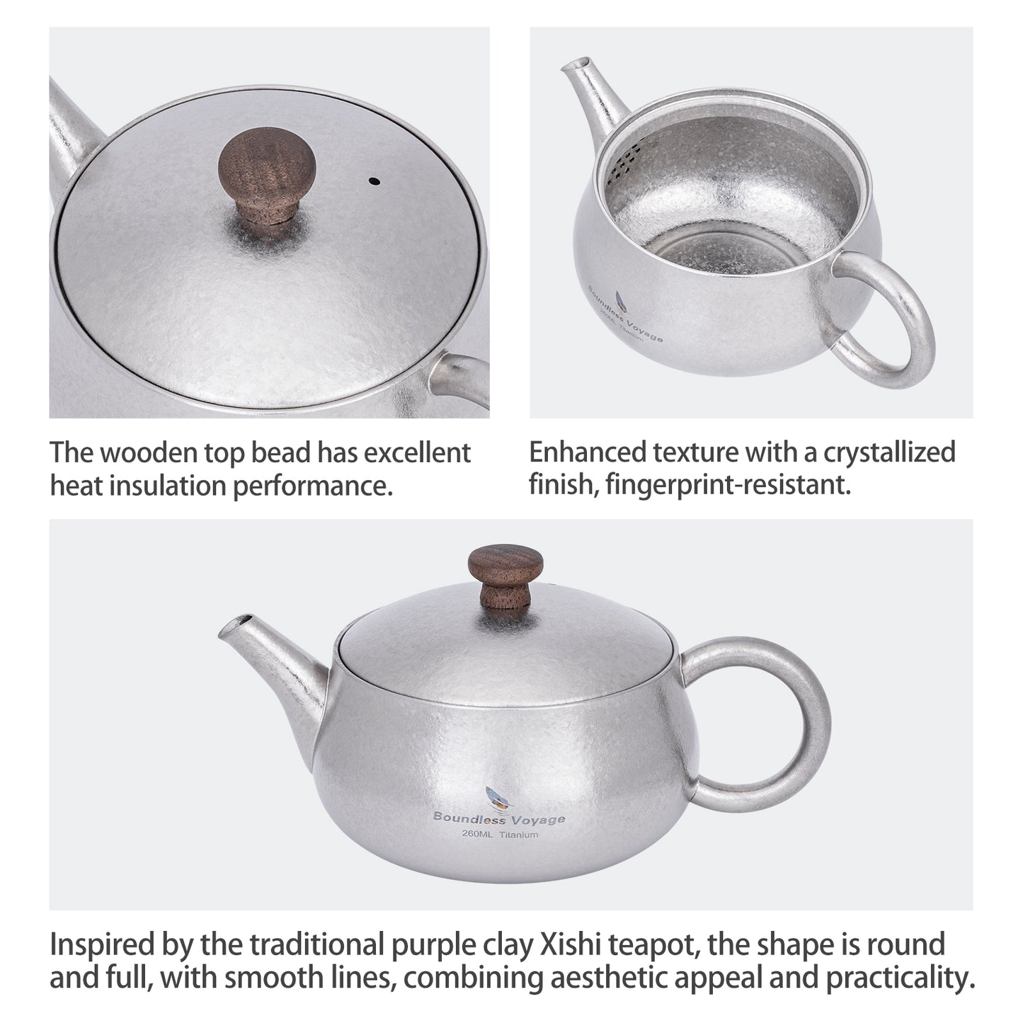 260ml Titanium Teapot with Filter Durable Chinese Kung Fu Tea Set for Adults Lightweight Travel Portable Tea Pot with Wide Spout for Loose Leaf