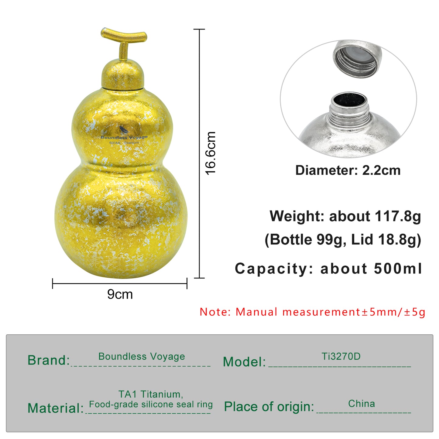 Boundless Voyage Premium Titanium Gourd Flask  | 500ml Crystallized Ice-Texture Canteen | Ultralight & Rustproof Alcohol Drinkware for Hiking & Camping