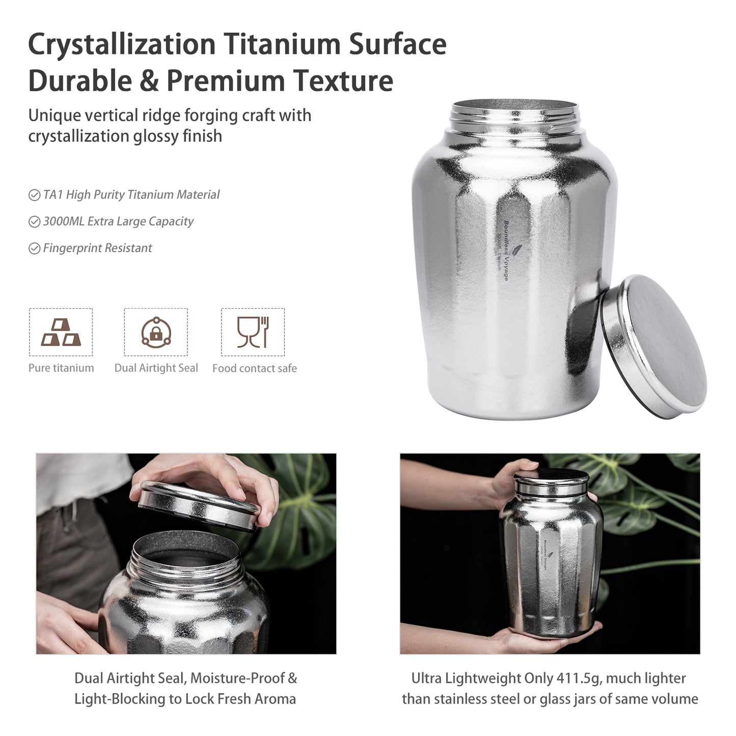 Boundless Voyage 3000ml Titanium Storage Canister Water Bottle– Airtight TA1 Titanium Container for Tea, Coffee, Food & Camping Storage