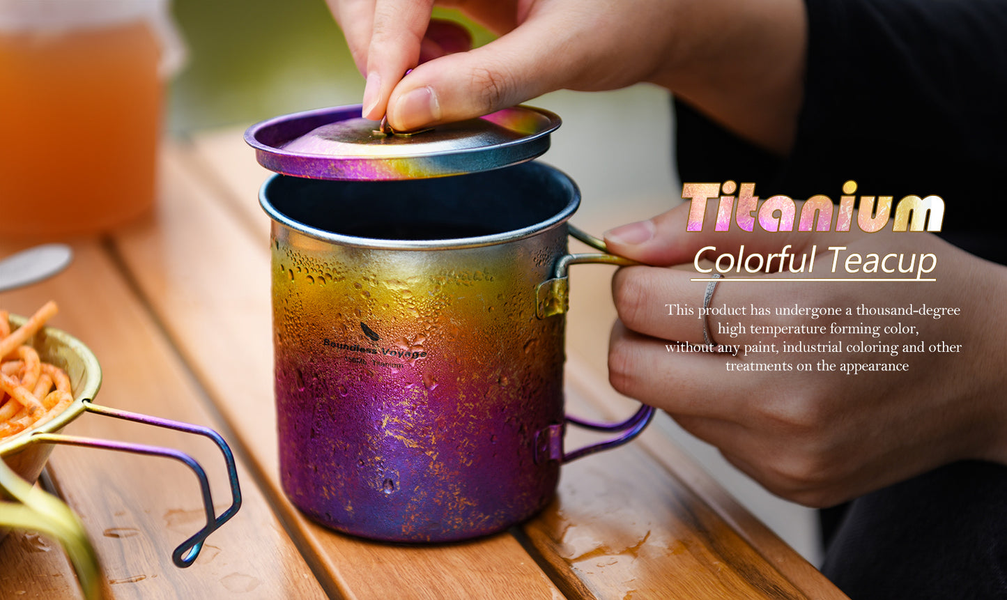 Boundless Voyage 450ml Titanium Colorful Camping Mug – Ultralight Foldable-Handle Cup for Water, Coffee & Tea Outdoors