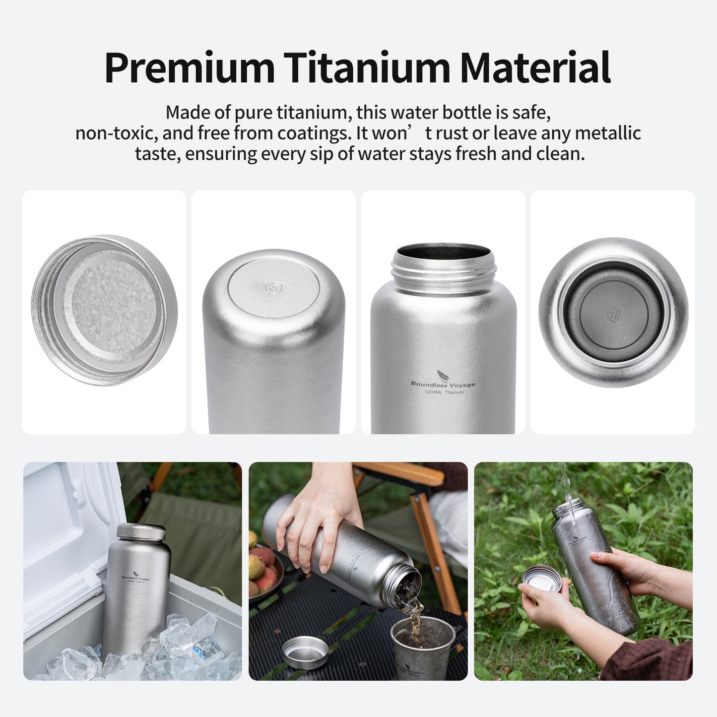 Boundless Voyage 1200ml Titanium Water Bottle with Dual Lids – Wide Mouth Leakproof Outdoor Bottle for Camping, Hiking, Gym & Travel