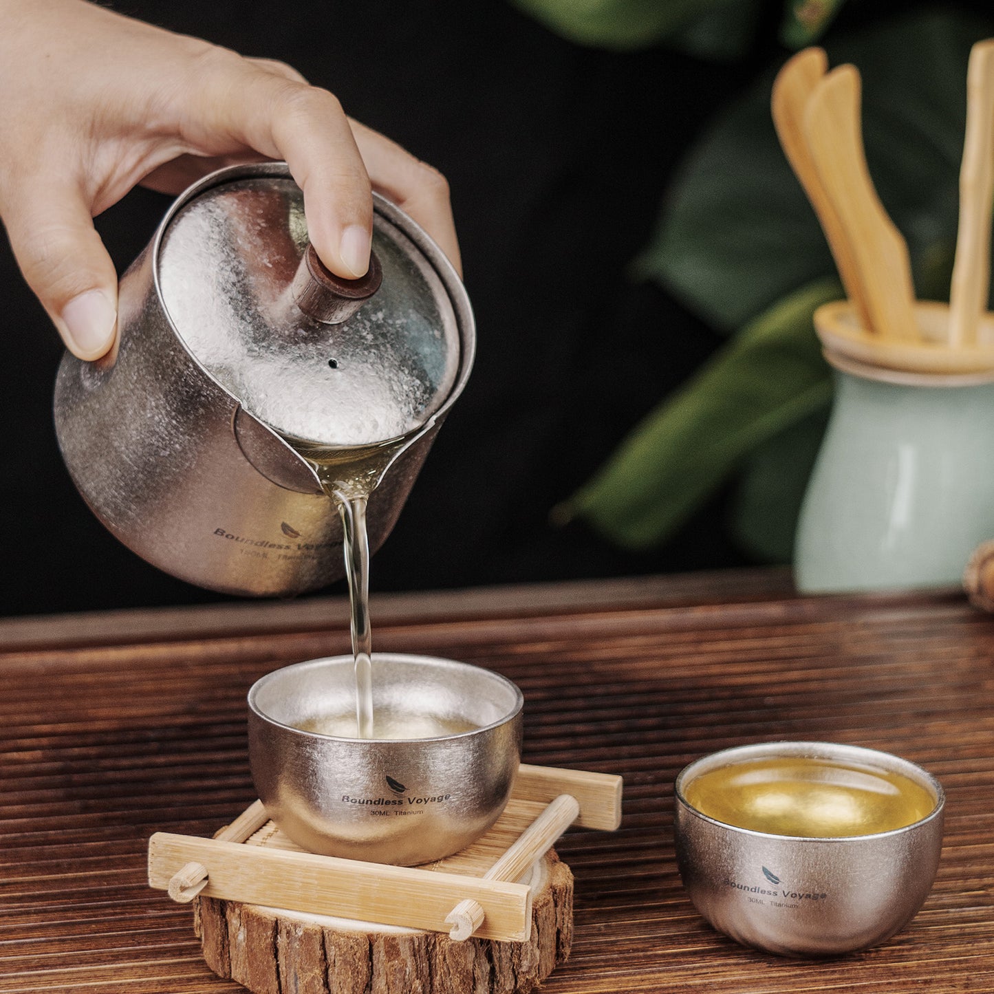 Boundless Voyage 150ml Titanium Double-Layer Tea Set | 109g Ultralight Mini Teapot & 30ml Cup | Insulated Anti-Scald Travel Tea Maker for Camping