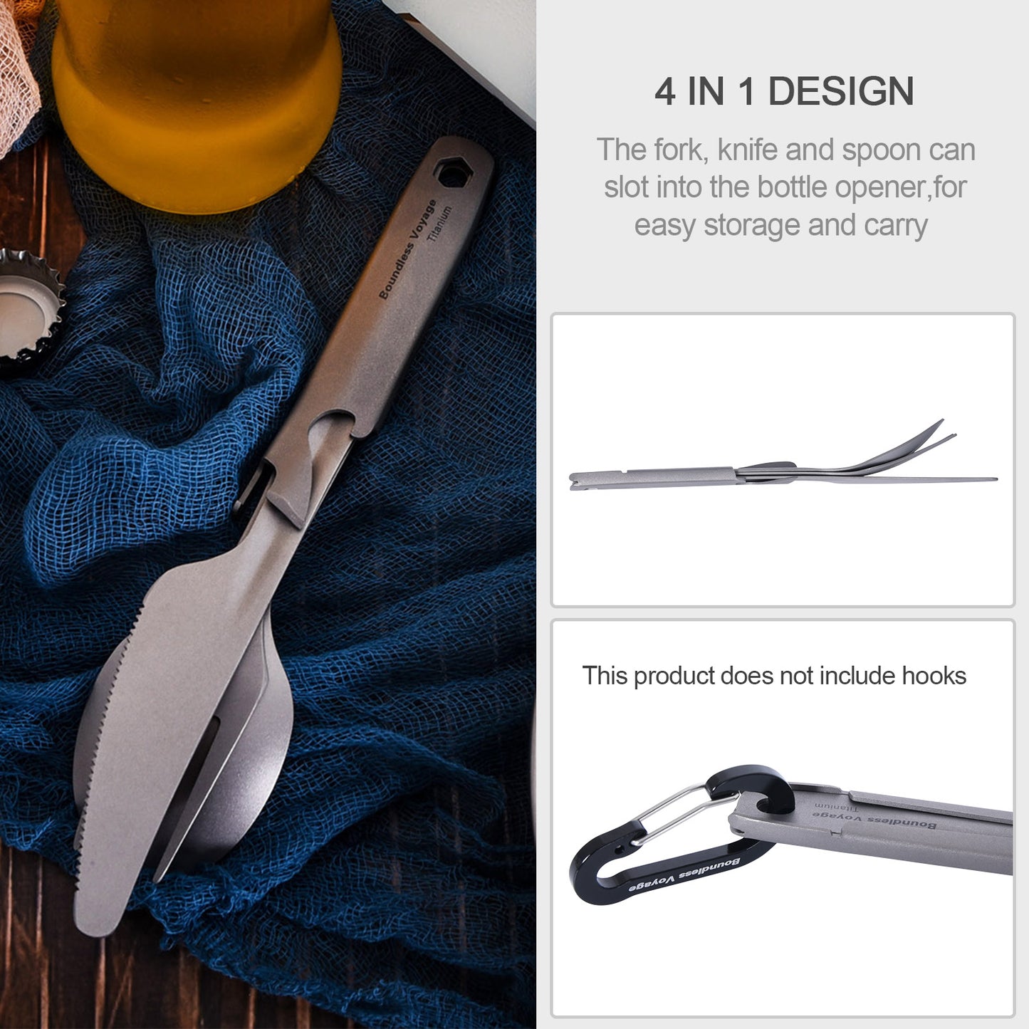 Boundless Voyage TA1 Titanium 4-in-1 Ultralight Cutlery Set – Compact Fork, Spoon, Knife & Bottle Opener for Home, Camping & Outdoor Travel