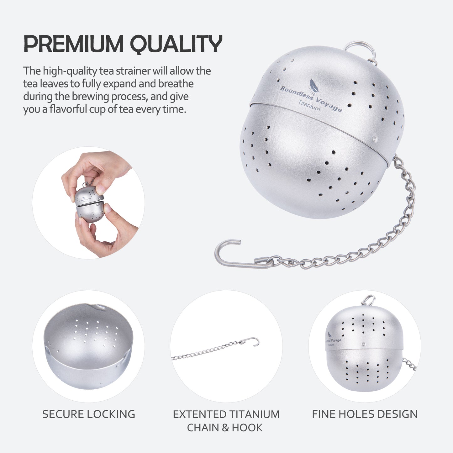 Boundless Voyage Titanium Tea Ball Infuser – Lightweight Loose Leaf Tea Strainer with Extended Chain, Fine Mesh Tea Filter for Mug, Teapot & Spices