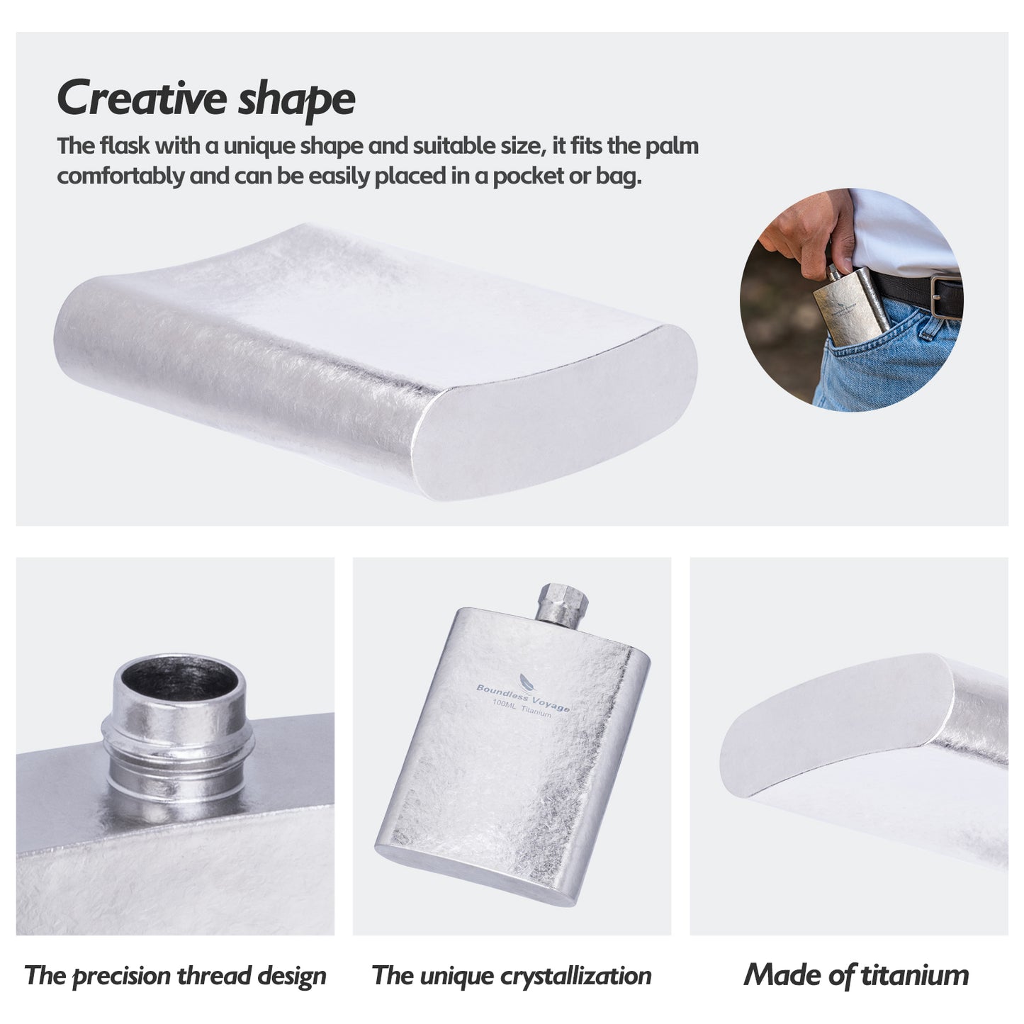 Boundless Voyage 100ml Titanium Flask – Ultralight Mini Ti Bottle for Whiskey, Wine, Water & Travel