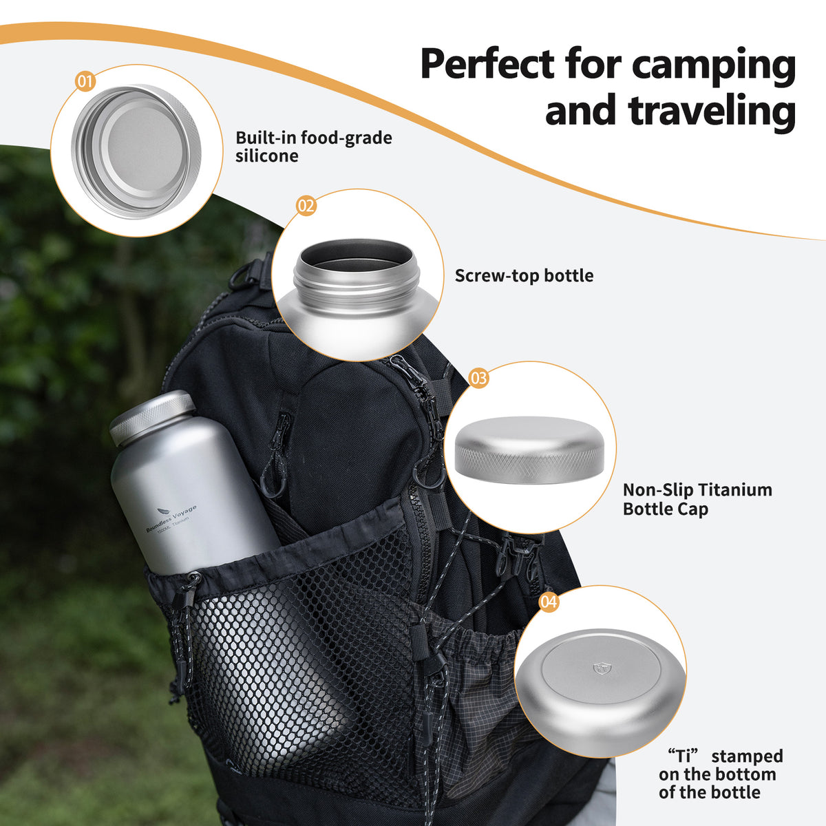 Boundless Voyage 1500ml Titanium Water Bottle – Lightweight Leak-Proof 1.5L Bottle with 2 Lids for Camping, Hiking, Travel & Gym