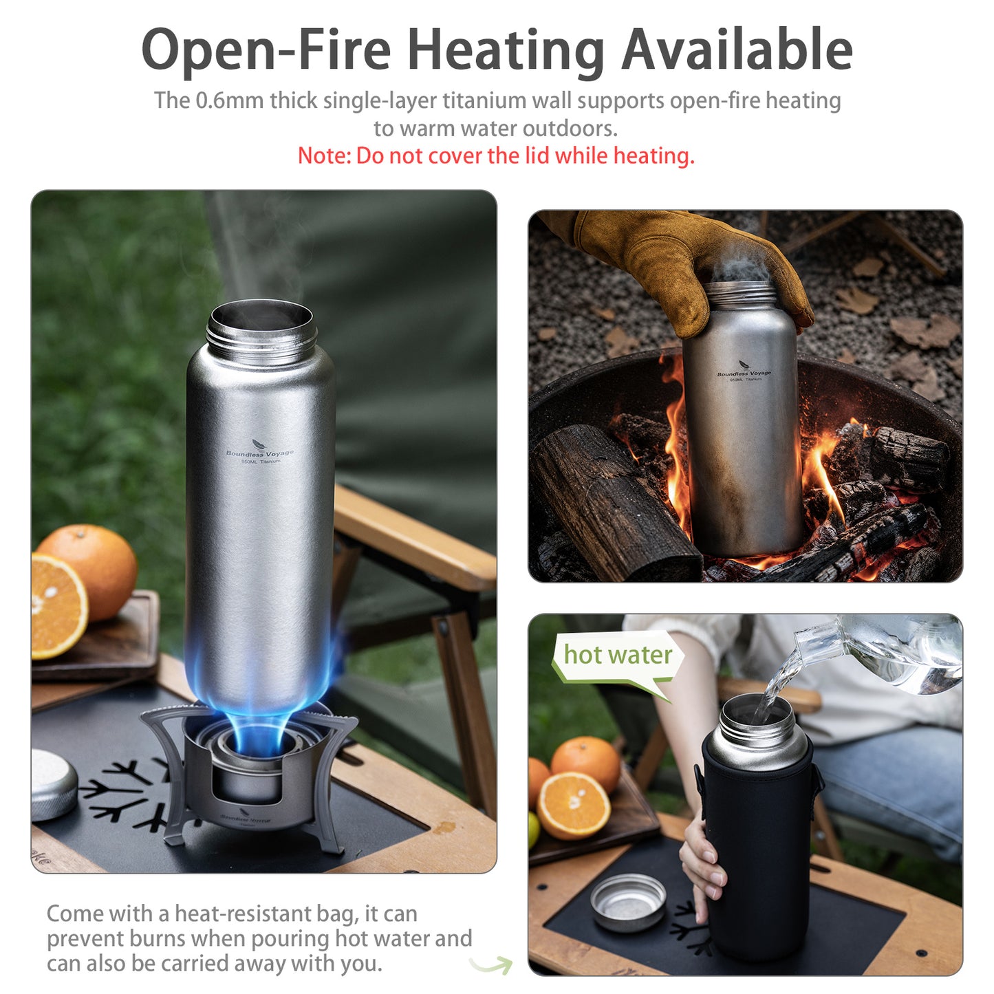 Boundless Voyage 950ml Titanium Water Bottle with Lids – TA1 Ultralight Wide Mouth Canteen for Hiking, Camping & Travel