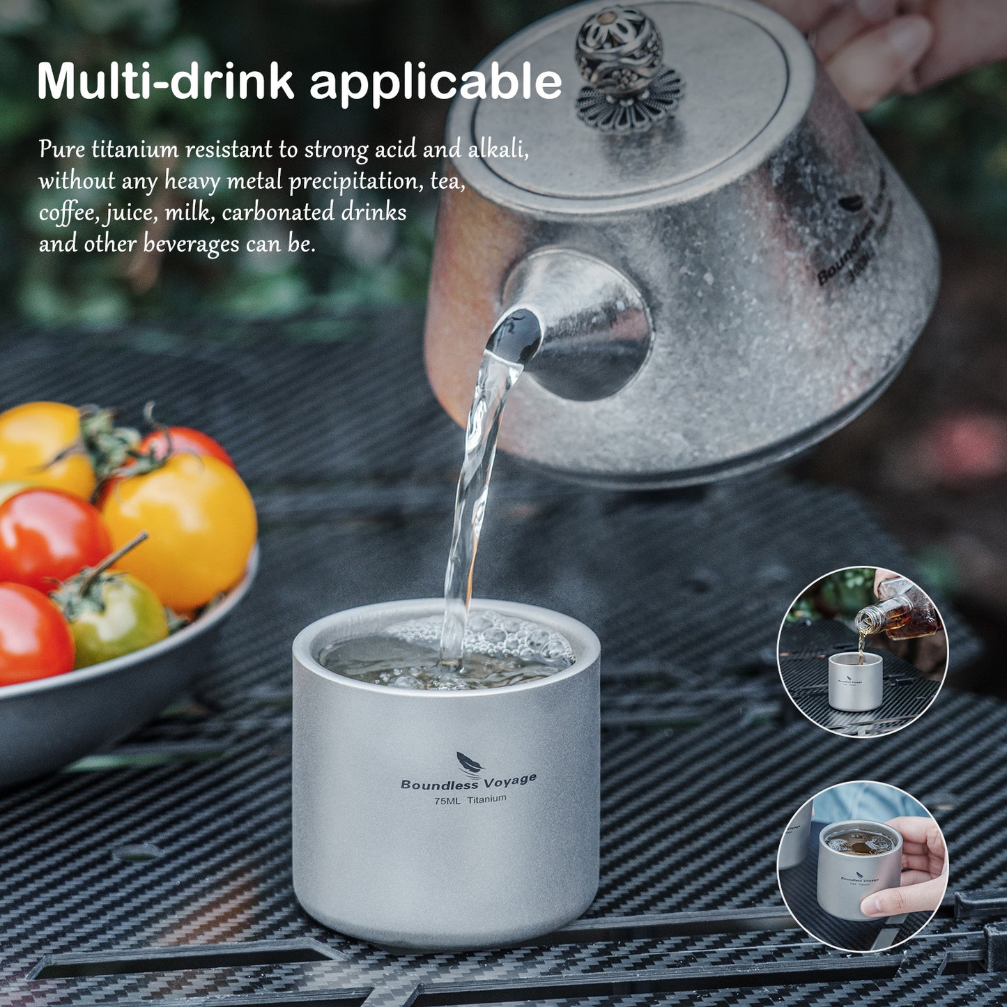 Boundless Voyage Titanium Double-wall Mug Cup Backpacking Portable Camping Cup 75ml Lightweight Heat Resistant Coffee Mug Tea Cup with Storage Bag for Hiking Picnic Travel or Daily Use