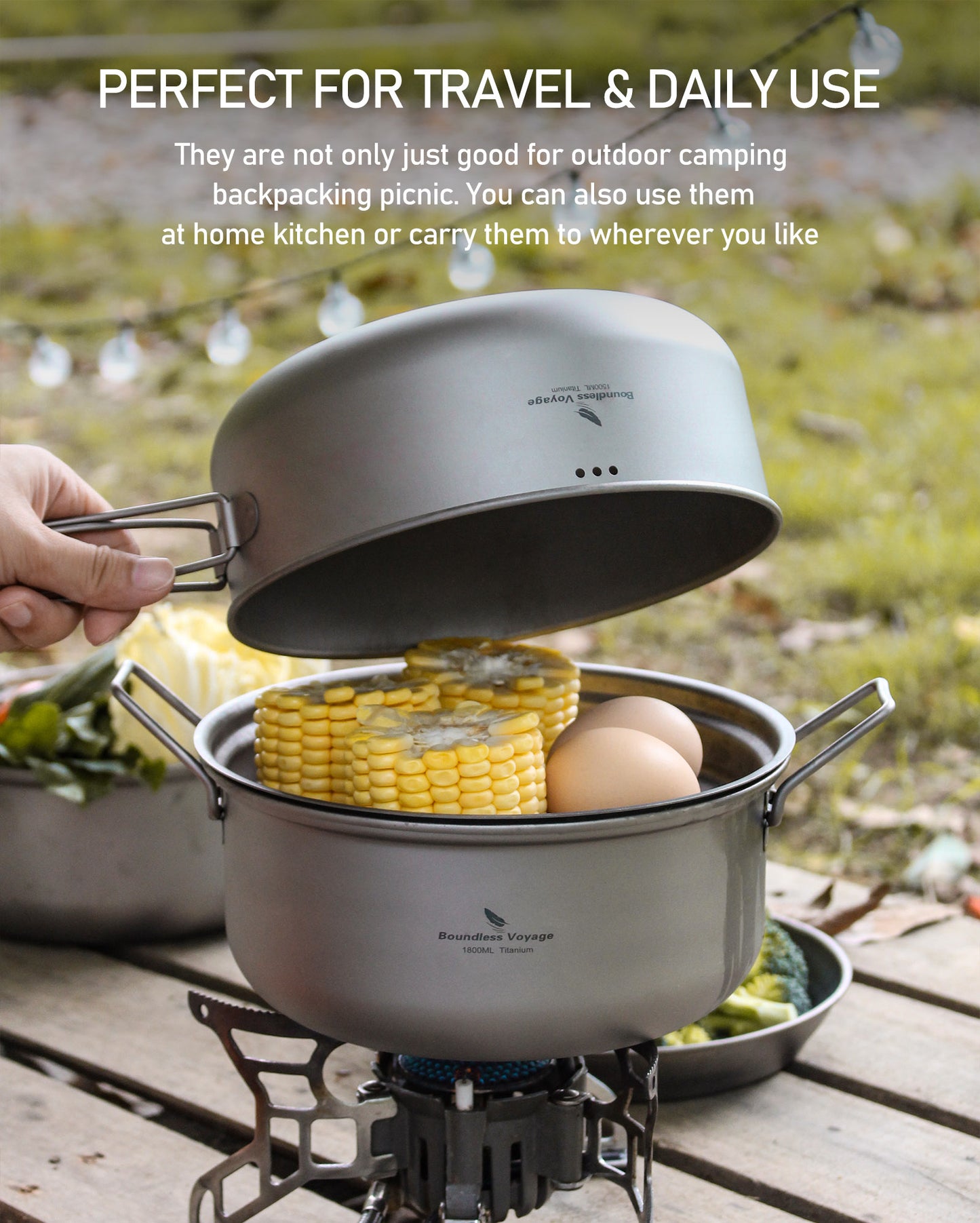 Boundless Voyage Titanium 1.8L Pot & 1000ml Frying Pan Set – Ultralight Steamer & Cookware for Camping, Hiking & Outdoor Cooking