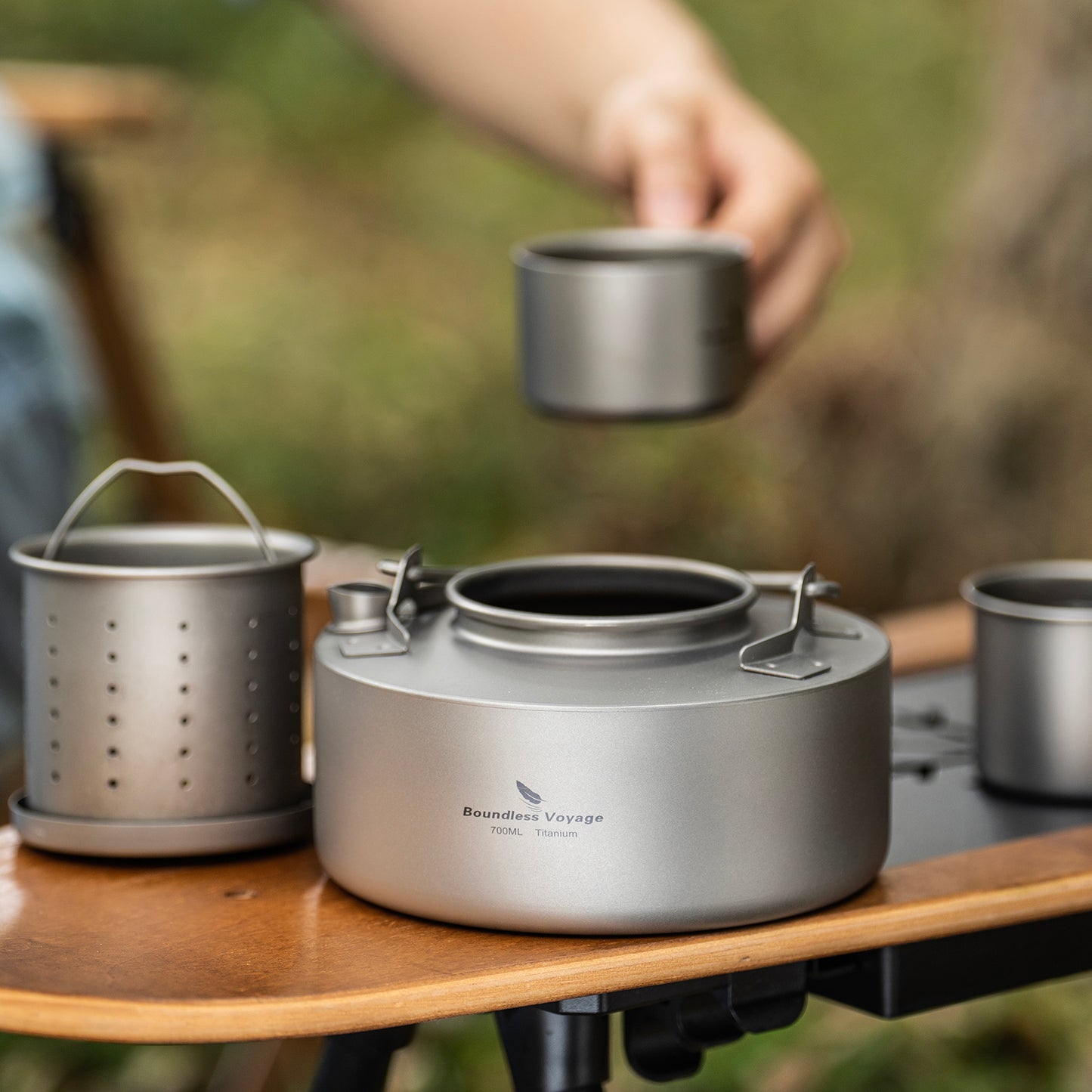 Boundless Voyage Camping Single-layer Titanium Kettle with Folding Handle 700ML Durable Bushcraft Gear Open Fire Kettle