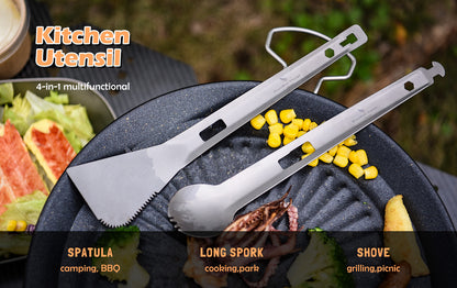 Boundless Voyage Titanium Alloy Tong, Spork，Shovel and Spatula All-In-One Utensil for Portable Lightweight Multi Utensil for Camping Kitchen Cookware Backpacking, Travel, Outdoor Cooking Eating