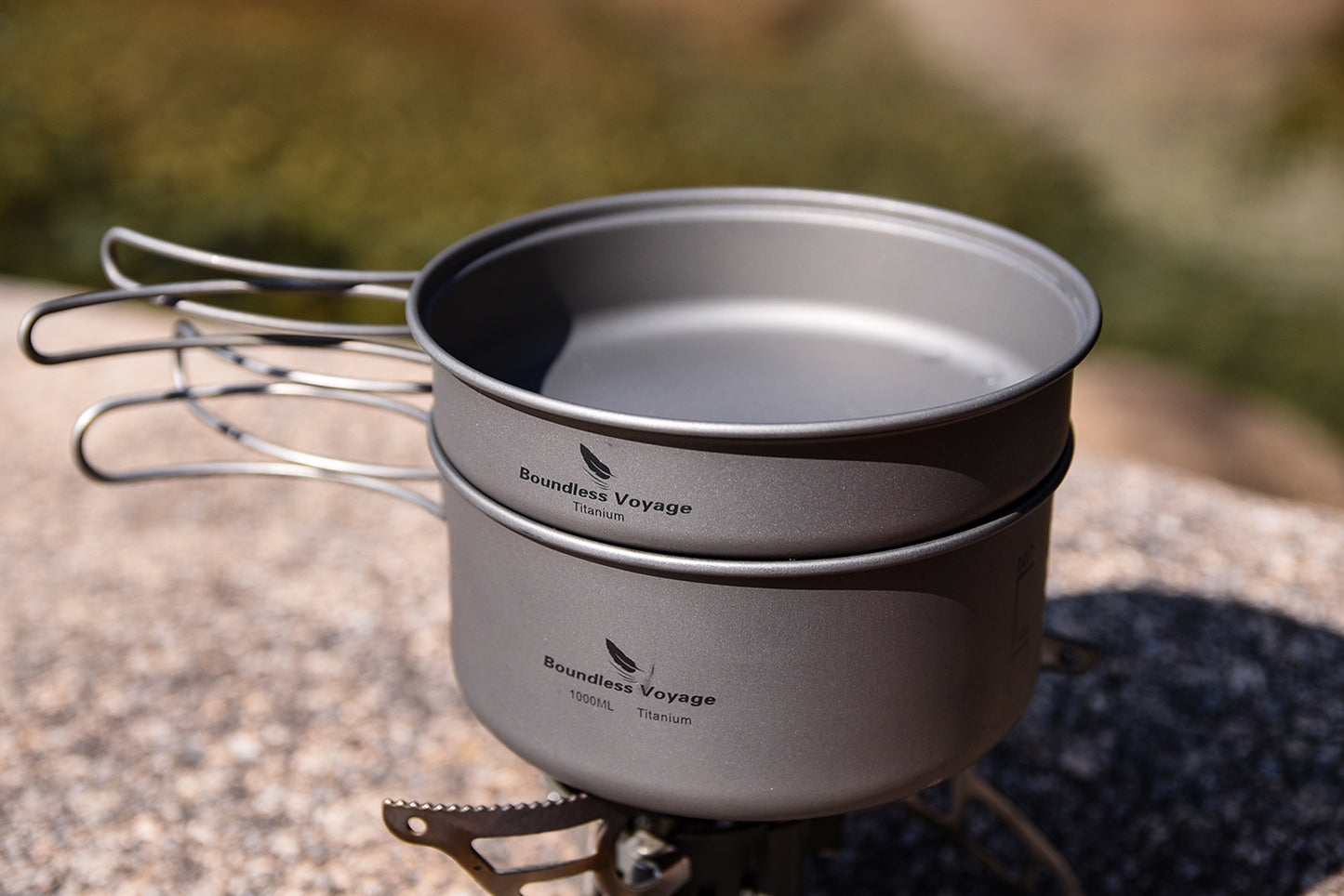 Boundless Voyage TA1 Titanium Pot & Pan Set 500ml + 1000ml with Lid – Ultralight Camping Cookware with Folding Handles for Hiking, Picnic & Outdoor Cooking