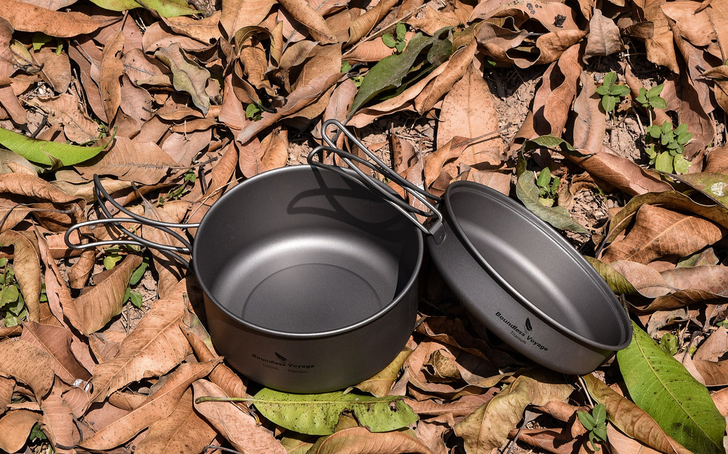 Boundless Voyage TA1 Titanium Pot & Pan Set 500ml + 1000ml with Lid – Ultralight Camping Cookware with Folding Handles for Hiking, Picnic & Outdoor Cooking