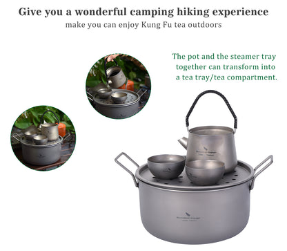 Boundless Voyage Multifunctional Titanium Steamer Soup Pot Frying Pan Set with Lid Outdoor Camping Wok Tea Tray Saucepan Mess Kit