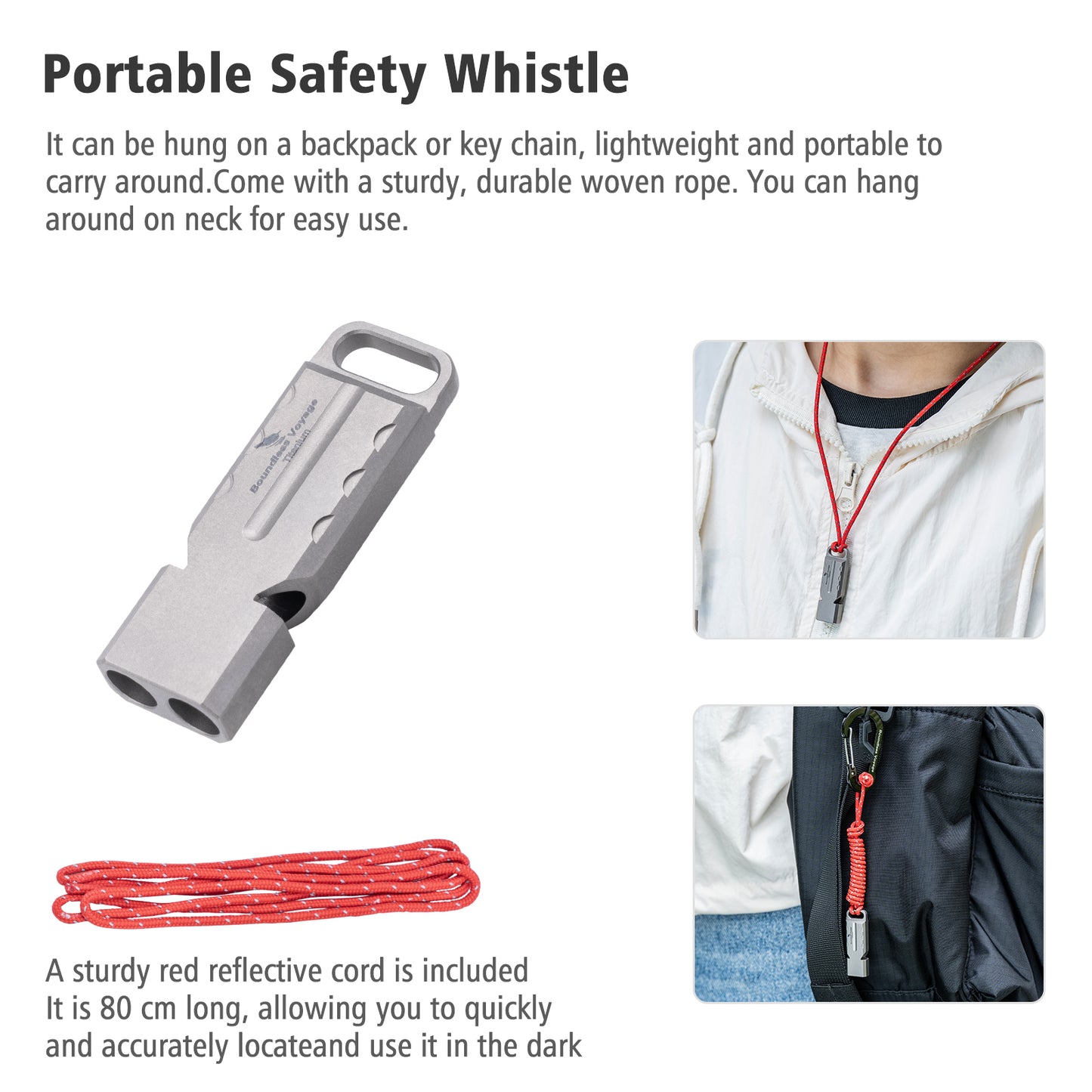 Boundless Voyage TA1 Titanium Dual Tube Survival Whistle – High Decibel Emergency Safety Whistle for Camping, Hiking, Backpacking & Outdoor Rescue