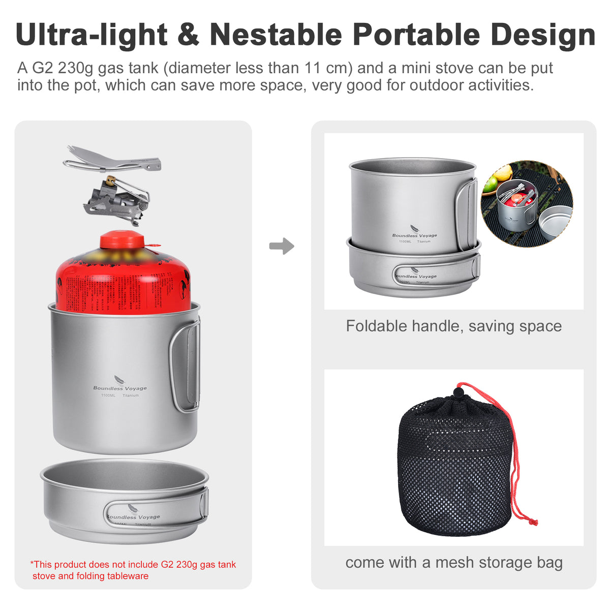 Boundless Voyage Titanium Pot & Pan Set with Folding Handles – Ultralight Camping Cookware Mess Kit for Hiking, Picnic & Outdoor Tableware