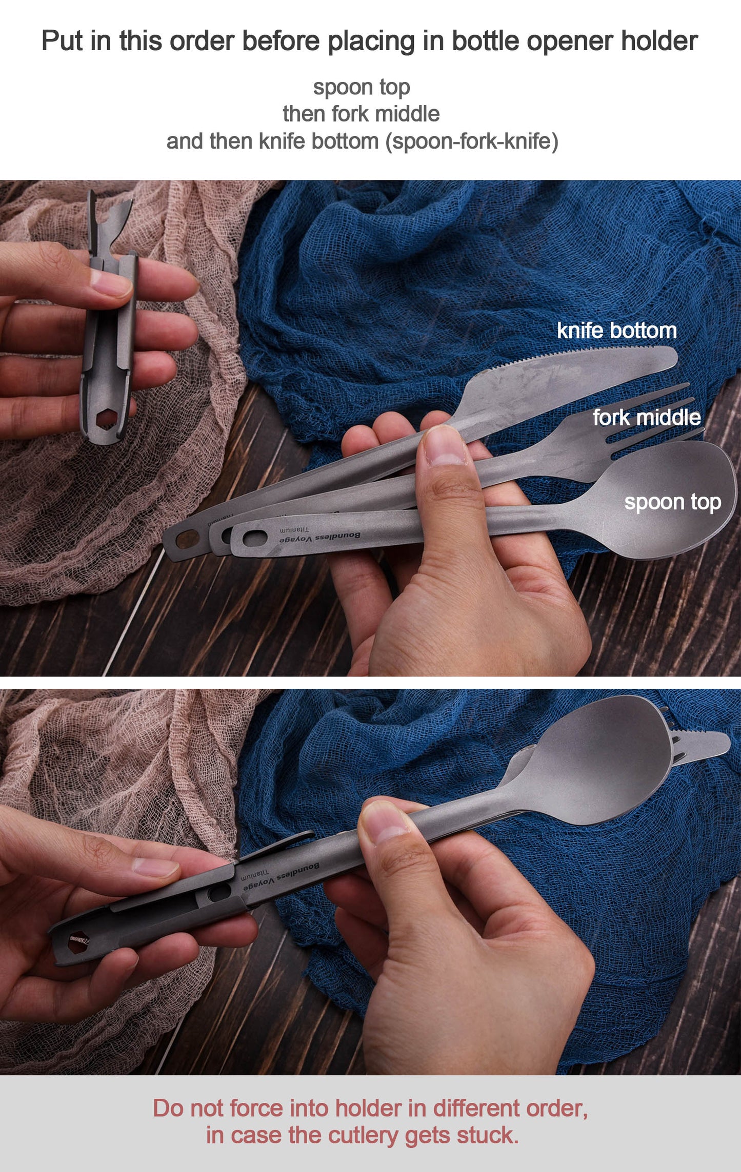 Boundless Voyage TA1 Titanium 4-in-1 Ultralight Cutlery Set – Compact Fork, Spoon, Knife & Bottle Opener for Home, Camping & Outdoor Travel