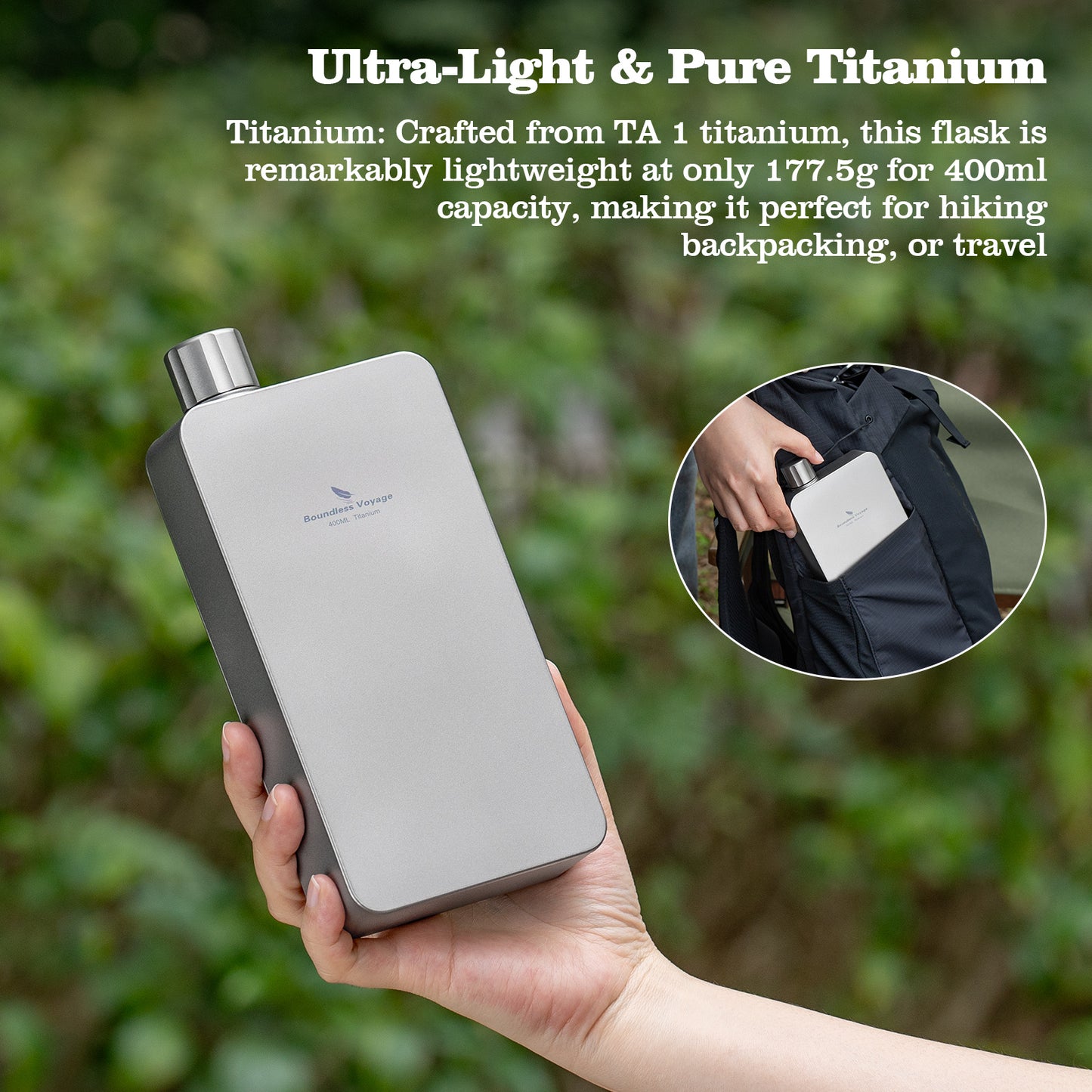 Boundless Voyage 400ml Titanium Flask with Funnel – Lightweight Leakproof Hip Flask for Camping, Travel & Everyday Carry