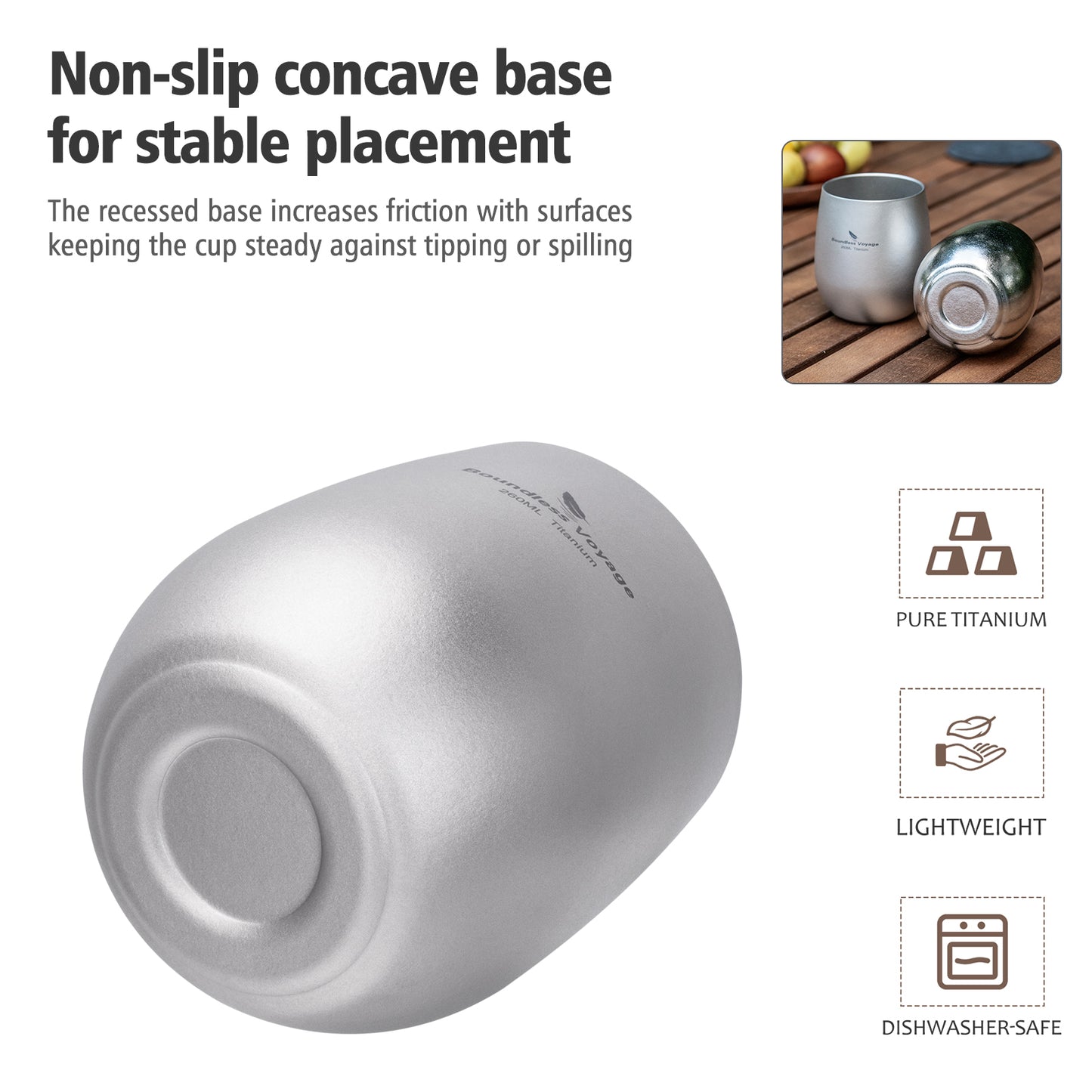 Boundless Voyage Titanium Double-Wall Cup – Ultralight TA1 Camping Coffee Mug for Travel, Hiking & Outdoor Use