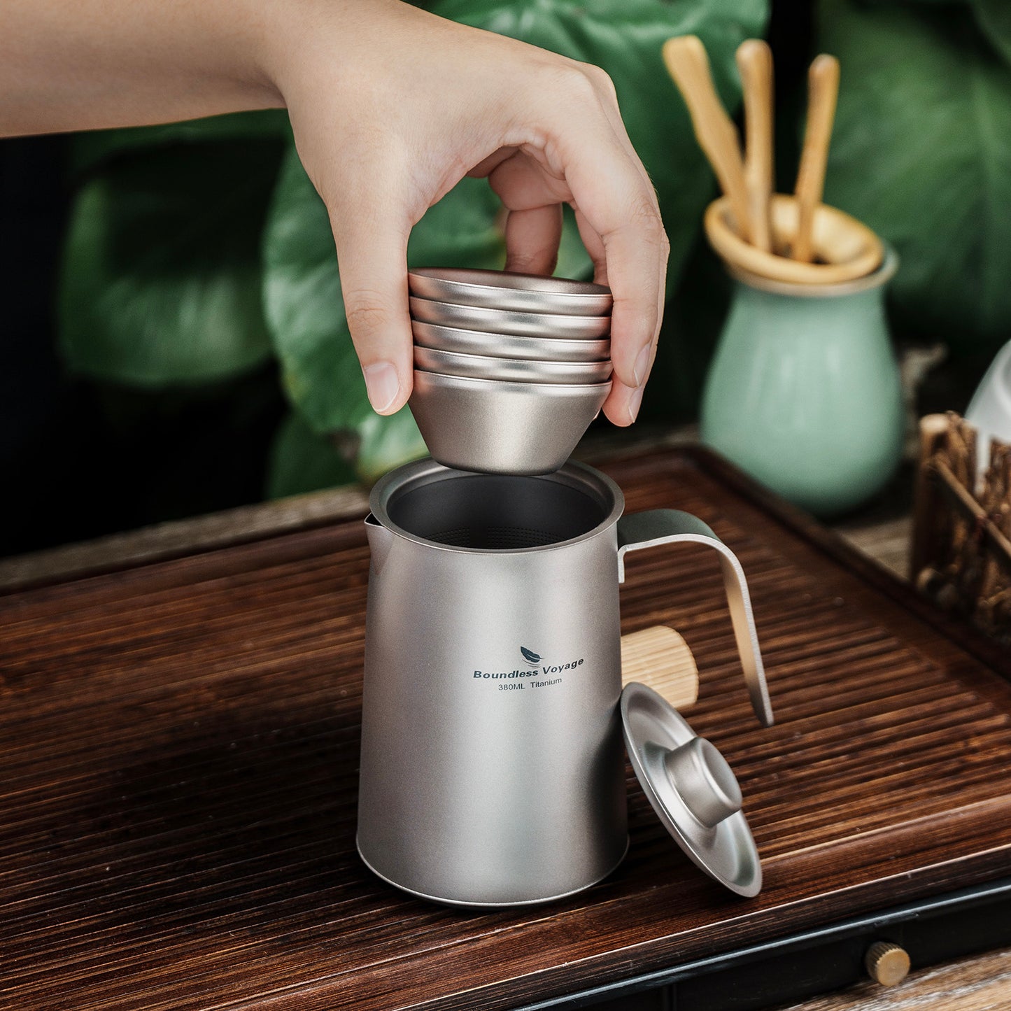 Boundless Voyage 380ml Ultralight Titanium Teapot | 136g Portable Coffee Kettle with Filter | Anti-Scald Handle for Camping & Hiking
