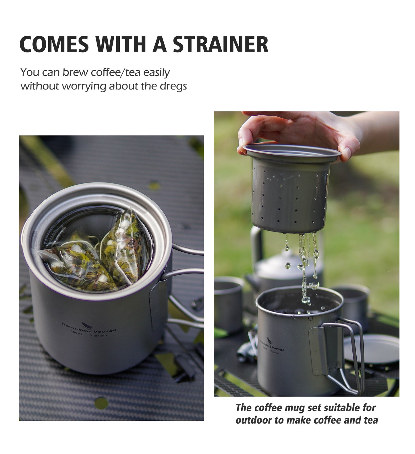 Boundless Voyage Titanium Pot, Camping Pot Titanium Cup Tianium Backpacking Pot with Partable Foldable Handles for Outdoor Camping Hiking Backpacking (500ml mugcup+small cups ×2)