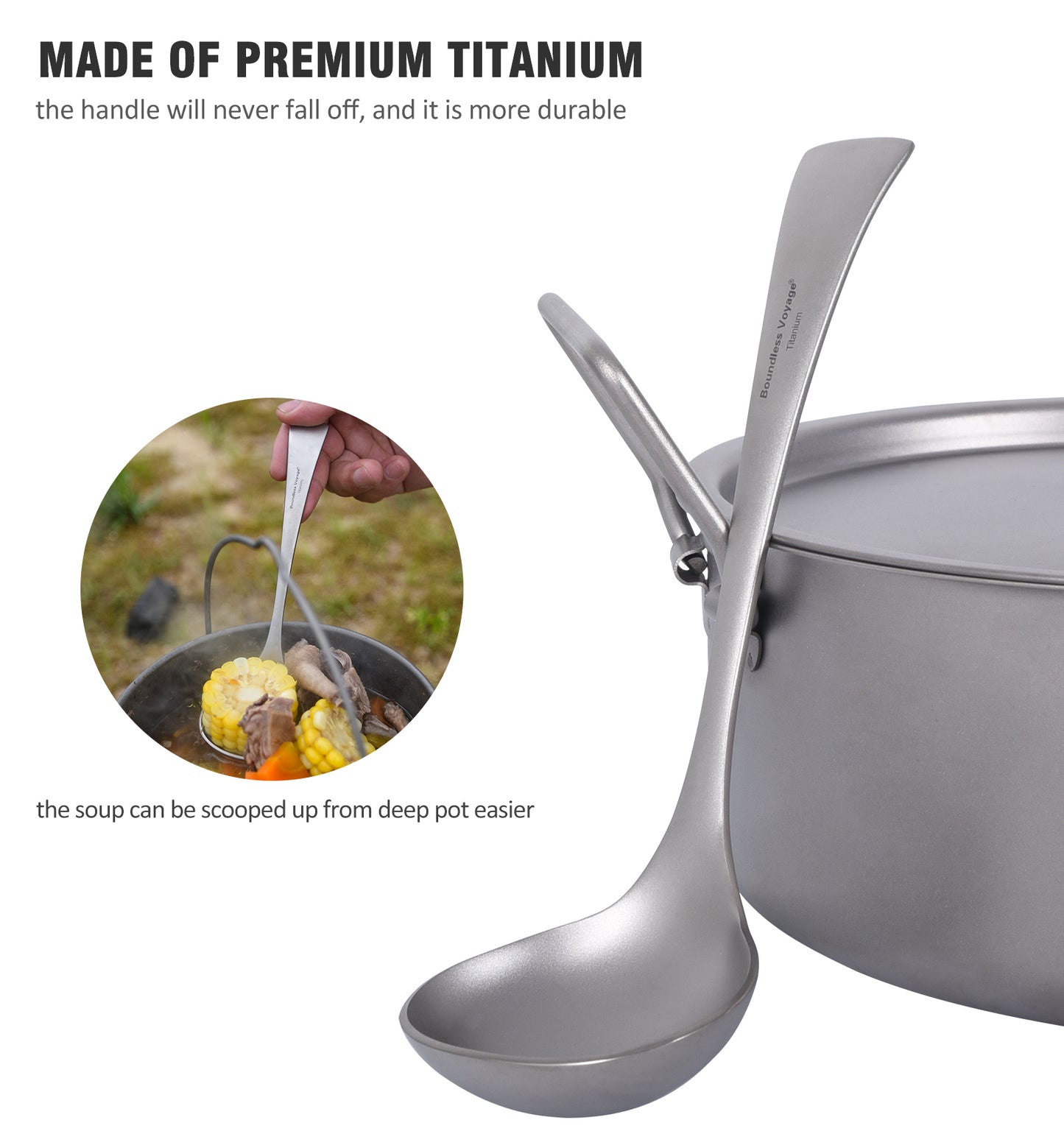 Boundless Voyage Titanium Soup Spoon – Long Handle Deep Bowl Ladle for Soup, Stew, Sauce & Cooking