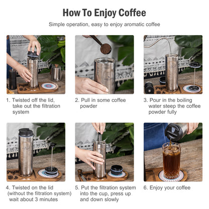 Boundless Voyage Titanium French Press Coffee Tumbler Thermos with Lid Double-Walled Insulated Water Bottle Mug 450ml