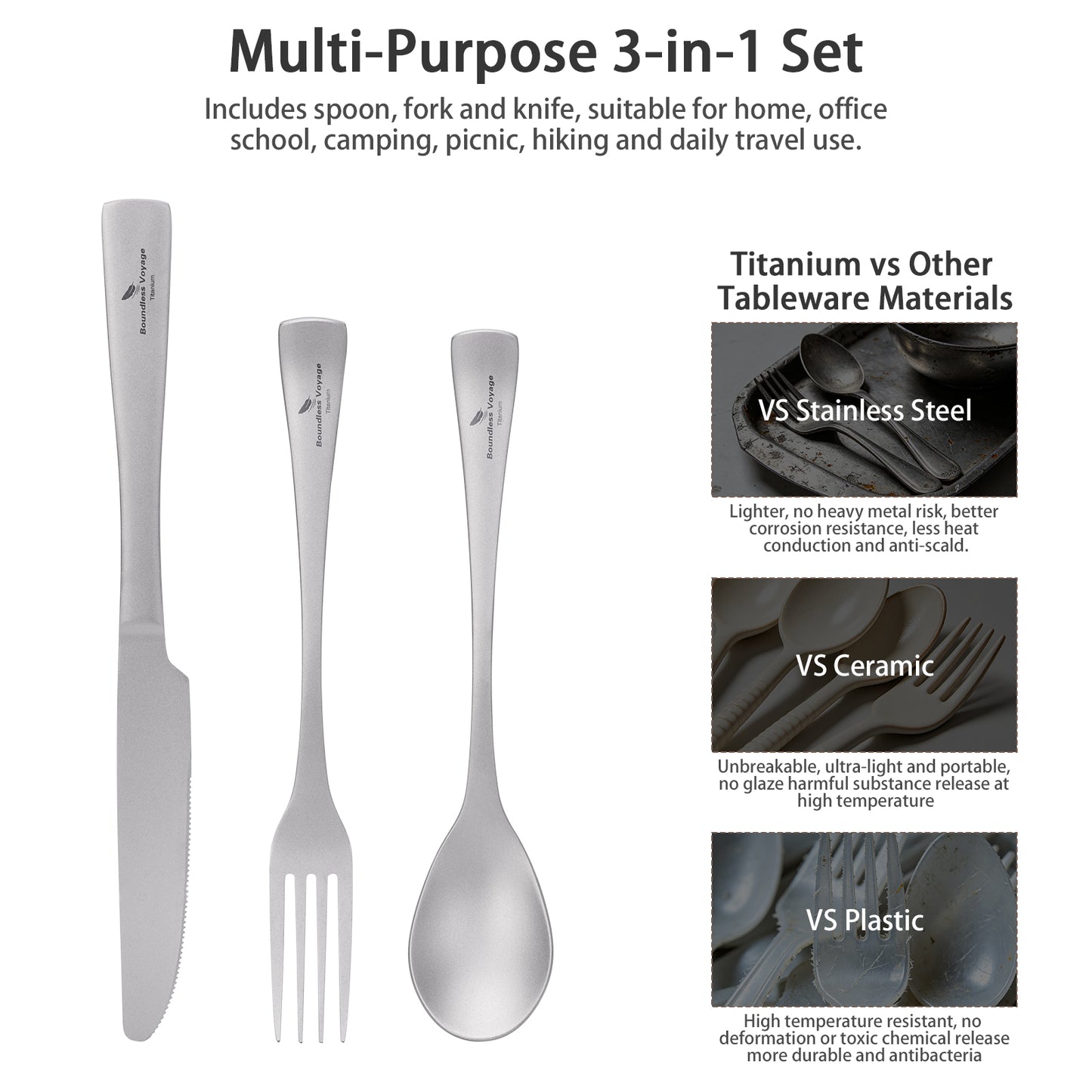 Boundless Voyage Titanium Cutlery Set – Ultralight Camping Knife, Fork & Spoon Tableware for Travel & Everyday Use