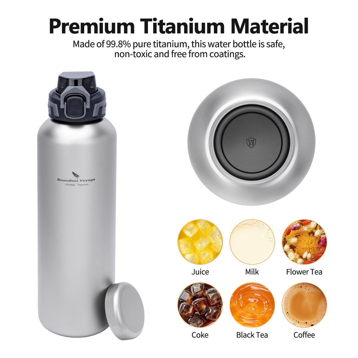 Boundless Voyage 1500ml Titanium Water Bottle – Lightweight Leak-Proof 1.5L Bottle with 2 Lids for Camping, Hiking, Travel & Gym