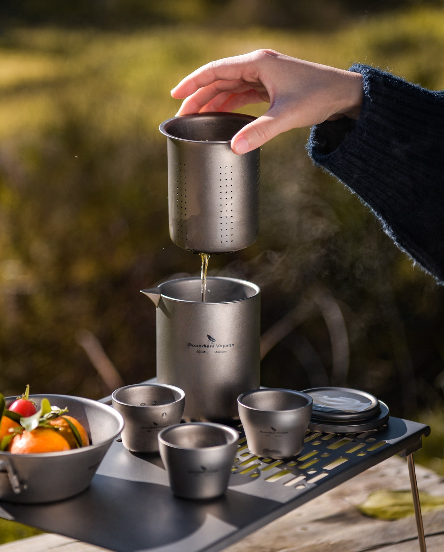 Boundless Voyage 400ml Titanium Double-Layer Tea Maker | Anti-Scald Insulated Teapot with Filter | Lightweight Double-Walled Tea Mug for Camping