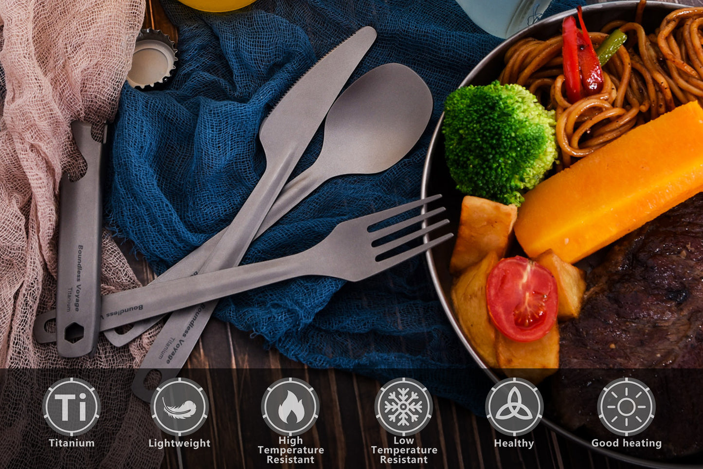Boundless Voyage TA1 Titanium 4-in-1 Ultralight Cutlery Set – Compact Fork, Spoon, Knife & Bottle Opener for Home, Camping & Outdoor Travel