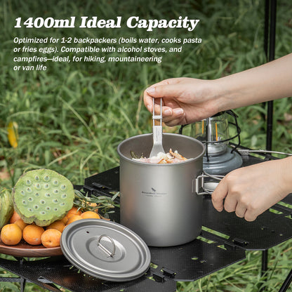 Boundless Voyage Titanium Camping Pot 1400ml Ultralight Backpacking Cookware with Folding Handle & Lid for Backpackers, Hikers & Outdoor Enthusiasts