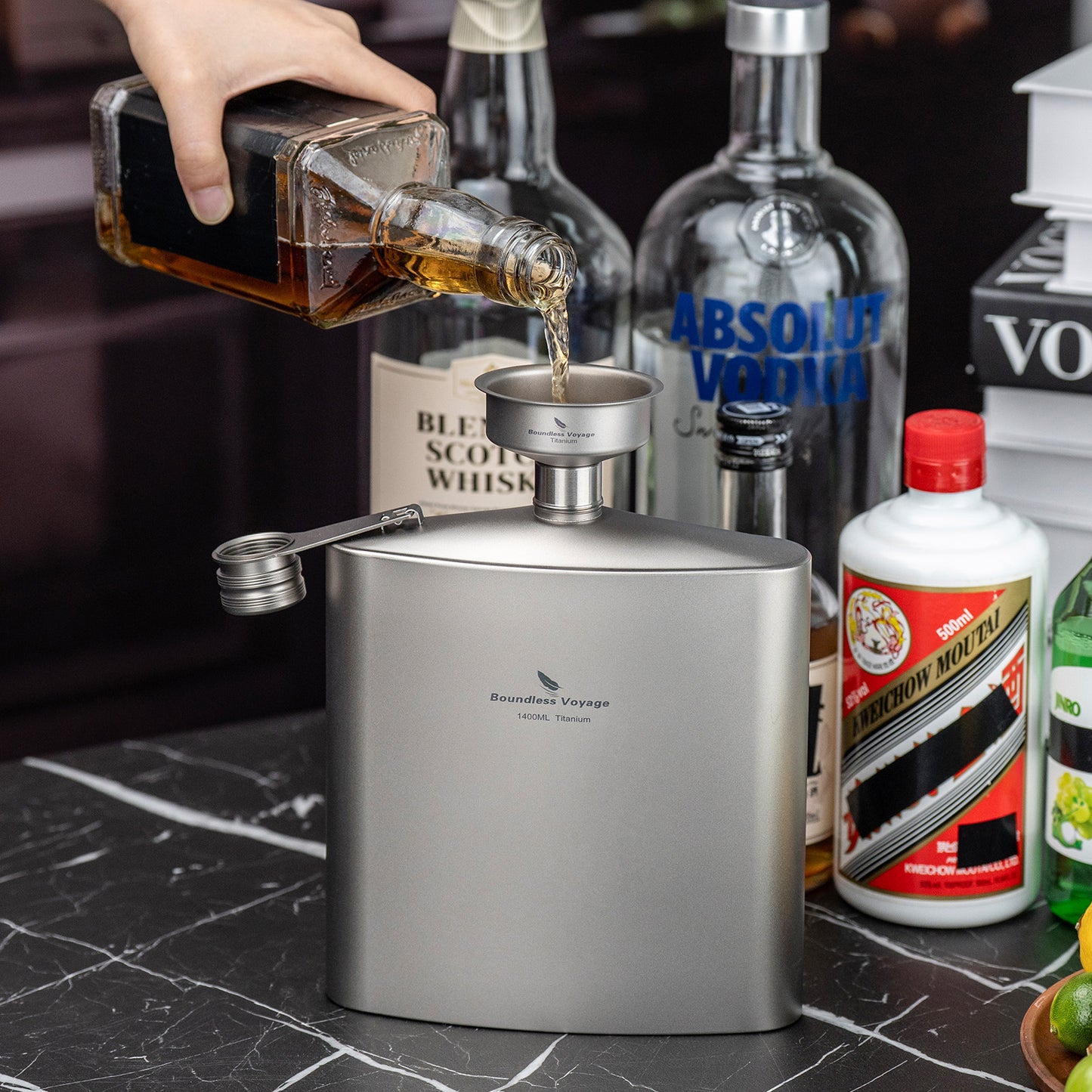 Boundless Voyage Titanium Flask Bottle 1400ML Big Capacity Sports Drinkware With TItanium Funnel  for Outdoor Camping Hiking