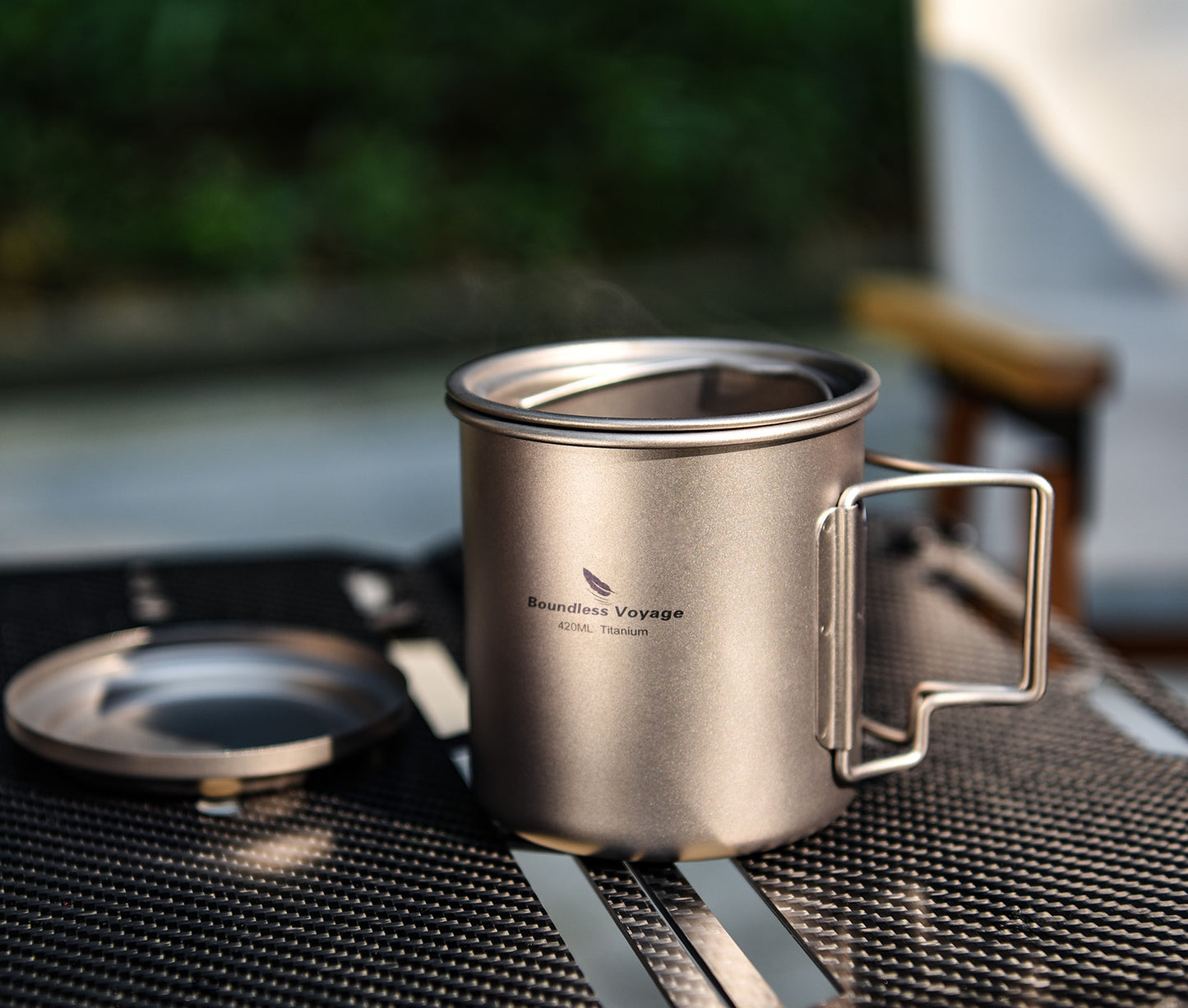 Boundless Voyage Titanium Mug with Tea Strainer 420ml/14.2 fl oz Portable Folding Handle Lightweight Tea Cup with Tea Filter Outdoor Camping Tea Maker