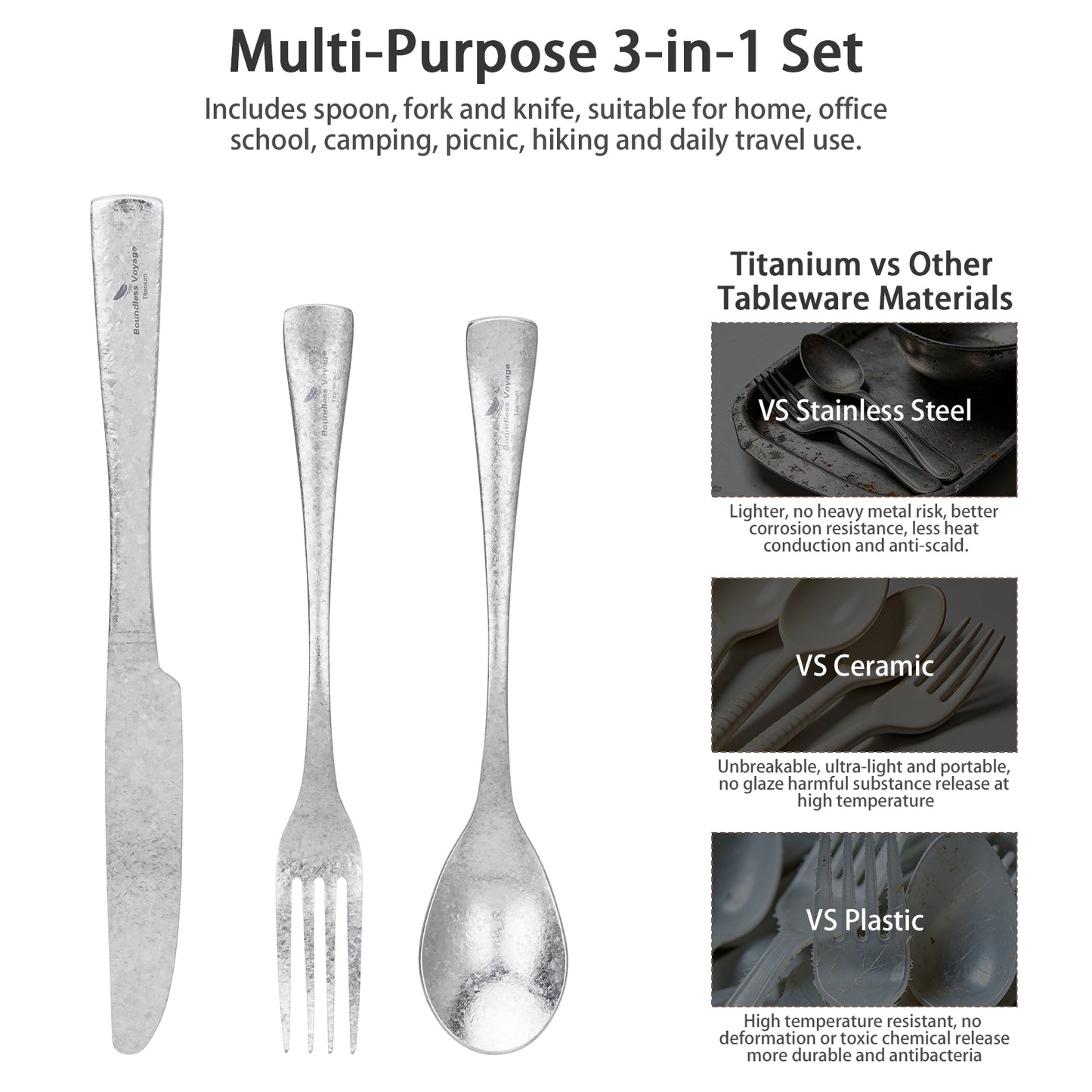 Boundless Voyage Titanium Cutlery Set – Ultralight Camping Knife, Fork & Spoon Tableware for Travel & Everyday Use