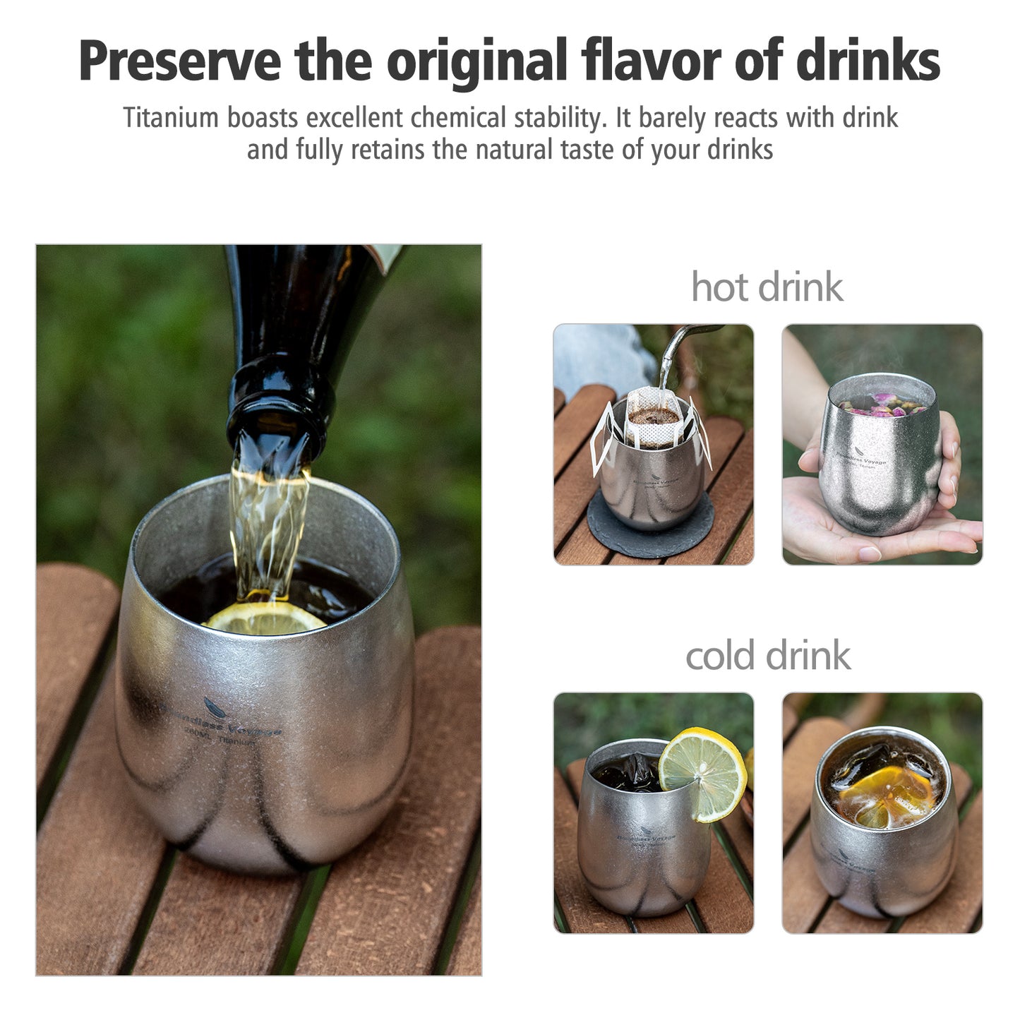 Boundless Voyage Titanium Double-Wall Cup – Ultralight TA1 Camping Coffee Mug for Travel, Hiking & Outdoor Use