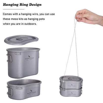 Boundless Voyage Outdoor Titanium Pot with Folding Handle Hanging Ring Camping Hiking Ultralight Portable Bowl Mess Kit 2 pcs